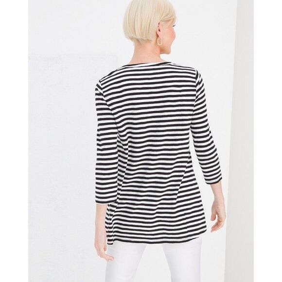 Chico's Ultimate Tee Modal Blend Slub High Low Striped Top Size 1 Medium B&W - Picture 6 of 12